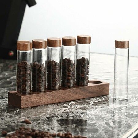 Glass Test Tube Set with Plastic Stoppers and Wood Rack Glass Coffee Bean Container Mini Glass Bottles Jars for Lab,Party Favors,Candy,Beads,6 Piece Set/19ml