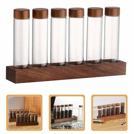 Glass Test Tube Set with Plastic Stoppers and Wood Rack Glass Coffee Bean Container Mini Glass Bottles Jars for Lab,Party Favors,Candy,Beads,6 Piece Set/19ml