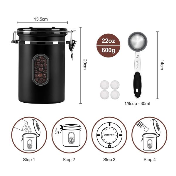 1800ML Airtight Coffee Canister with Date Tracker Transparent Window,22.8OZ Coffe Beans Storage with 30ML Measure Spoon&4 co2 Valve,Kitchen Food Storage Container for Grounds Coffee,Beans&Tea (Black)