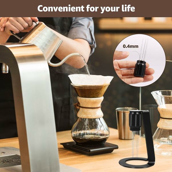 Espresso Coffee Stirrer with Stand 0.4mm 8 Prong Coffee Stirrer Distributor with Magnetic Design Portable Espresso Distributor Tool Stainless Steel Coffee Powder Needle Reusable for Coffee Espresso