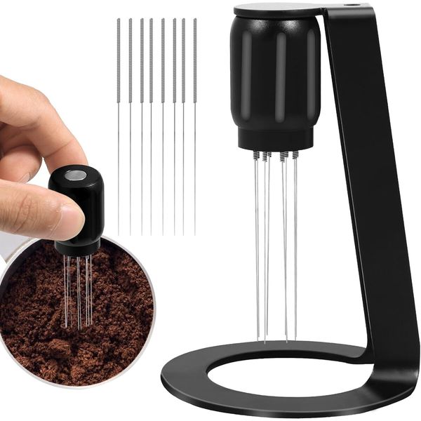 Espresso Coffee Stirrer with Stand 0.4mm 8 Prong Coffee Stirrer Distributor with Magnetic Design Portable Espresso Distributor Tool Stainless Steel Coffee Powder Needle Reusable for Coffee Espresso