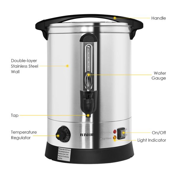 Maxkon Water Urn Kettle Dispenser Instant Hot Cold Tea Coffee Maker Commercial Home Camping Boiler Machine Stainless Steel with Tap 23.8L