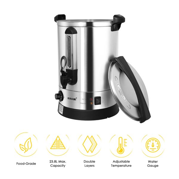 Maxkon Water Urn Kettle Dispenser Instant Hot Cold Tea Coffee Maker Commercial Home Camping Boiler Machine Stainless Steel with Tap 23.8L