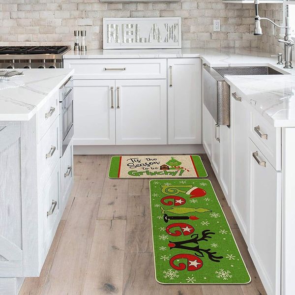 Grinch Christmas Decorations Kitchen Rugs and Mats Set of 2, The Grinch Decor of Winter Holiday Party and Home Kitchen(40*60+40*110CM)