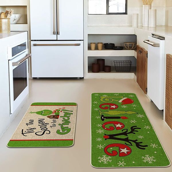 Grinch Christmas Decorations Kitchen Rugs and Mats Set of 2, The Grinch Decor of Winter Holiday Party and Home Kitchen(40*60+40*110CM)