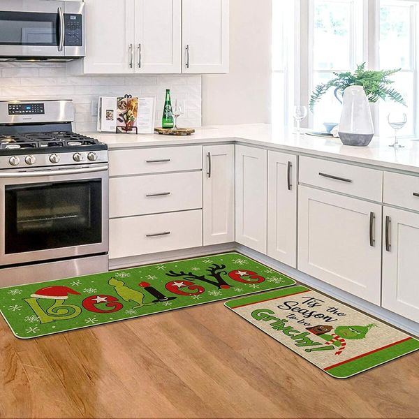 Grinch Christmas Decorations Kitchen Rugs and Mats Set of 2, The Grinch Decor of Winter Holiday Party and Home Kitchen(40*60+40*110CM)