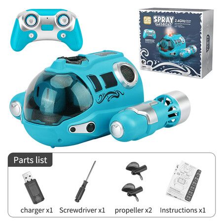 RC Boat Remote Control High Speed Sumbarine Spray and Light Powerboat Twin Propeller Speedboat Children's Day Gifts Summer Toys Color Blue