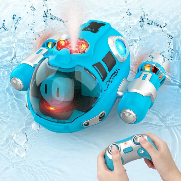 RC Boat Remote Control High Speed Sumbarine Spray and Light Powerboat Twin Propeller Speedboat Children's Day Gifts Summer Toys Color Blue