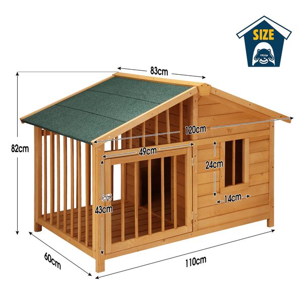 Large Dog House Kennel Crate Box Wooden Cabin Raised Cat Puppy Cage Pet House Shelter Outdoor Villa Porch Weatherproof Asphalt Roof Door Lock