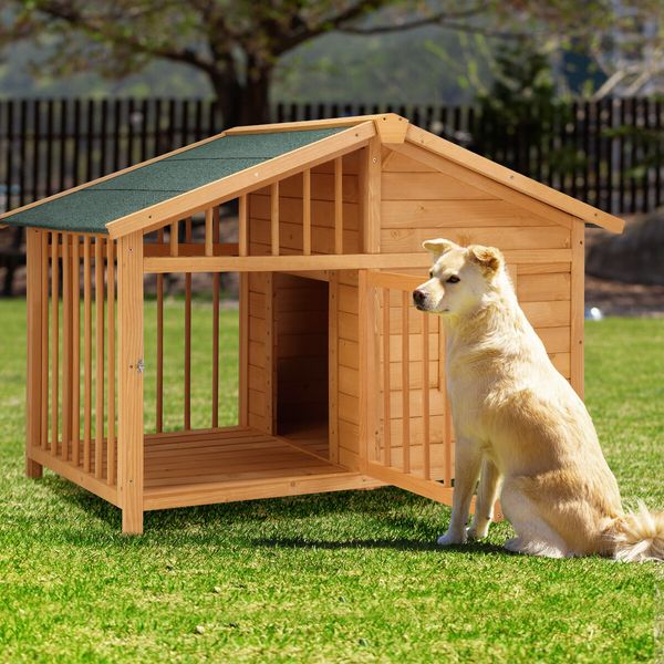 Large Dog House Kennel Crate Box Wooden Cabin Raised Cat Puppy Cage Pet House Shelter Outdoor Villa Porch Weatherproof Asphalt Roof Door Lock