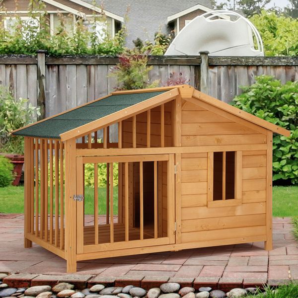 Large Dog House Kennel Crate Box Wooden Cabin Raised Cat Puppy Cage Pet House Shelter Outdoor Villa Porch Weatherproof Asphalt Roof Door Lock