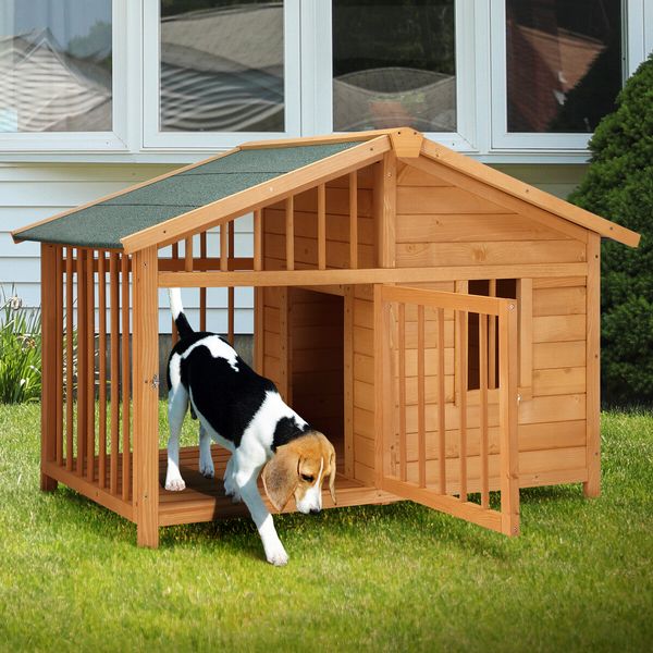 Large Dog House Kennel Crate Box Wooden Cabin Raised Cat Puppy Cage Pet House Shelter Outdoor Villa Porch Weatherproof Asphalt Roof Door Lock