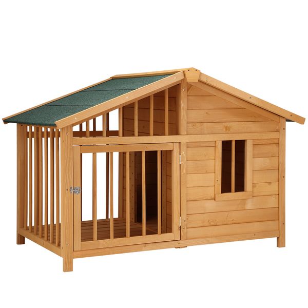 Large Dog House Kennel Crate Box Wooden Cabin Raised Cat Puppy Cage Pet House Shelter Outdoor Villa Porch Weatherproof Asphalt Roof Door Lock