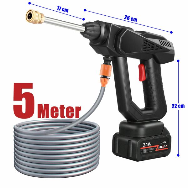 24V Cordless Pressure Washer Electric High Power Cleaner for Car Wall Driveway Patio Outdoor Watering Spray Gun 6000mAh Battery 5M Water Hose