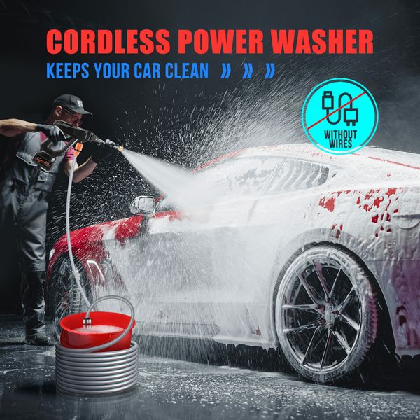 24V Cordless Pressure Washer Electric High Power Cleaner for Car Wall Driveway Patio Outdoor Watering Spray Gun 6000mAh Battery 5M Water Hose