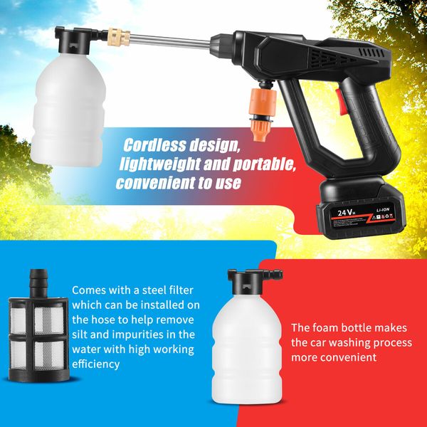 24V Cordless Pressure Washer Electric High Power Cleaner for Car Wall Driveway Patio Outdoor Watering Spray Gun 6000mAh Battery 5M Water Hose