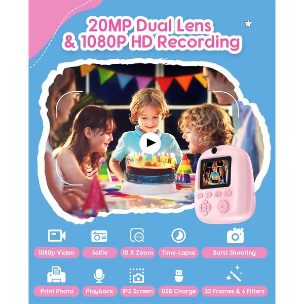 Instant Print Camera,1080P Dual Front and Rear Digital Cameras,Includes 3 Rolls of Photo Paper,32GB Card,Beautiful Pendant - Gift for Children Ages 3+,Pink