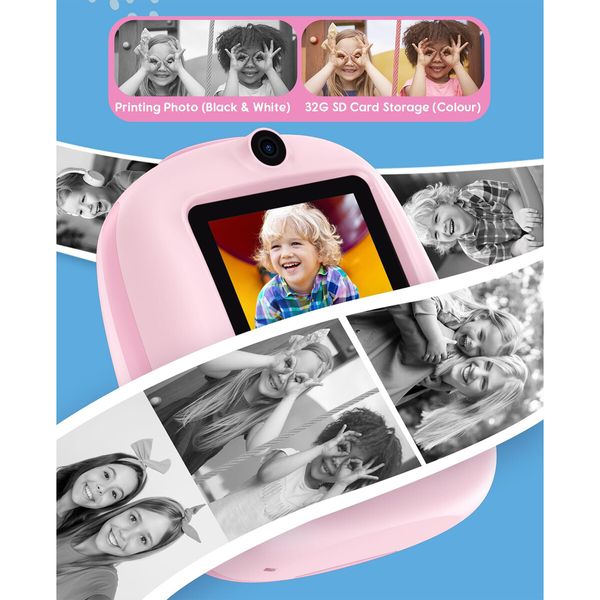 Instant Print Camera,1080P Dual Front and Rear Digital Cameras,Includes 3 Rolls of Photo Paper,32GB Card,Beautiful Pendant - Gift for Children Ages 3+,Pink