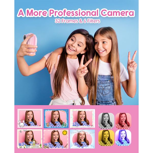 Instant Print Camera,1080P Dual Front and Rear Digital Cameras,Includes 3 Rolls of Photo Paper,32GB Card,Beautiful Pendant - Gift for Children Ages 3+,Pink