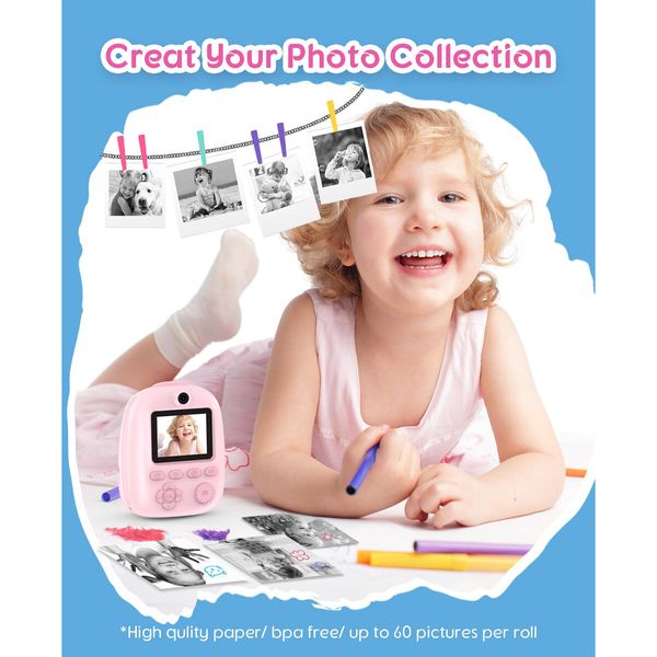 Instant Print Camera,1080P Dual Front and Rear Digital Cameras,Includes 3 Rolls of Photo Paper,32GB Card,Beautiful Pendant - Gift for Children Ages 3+,Pink