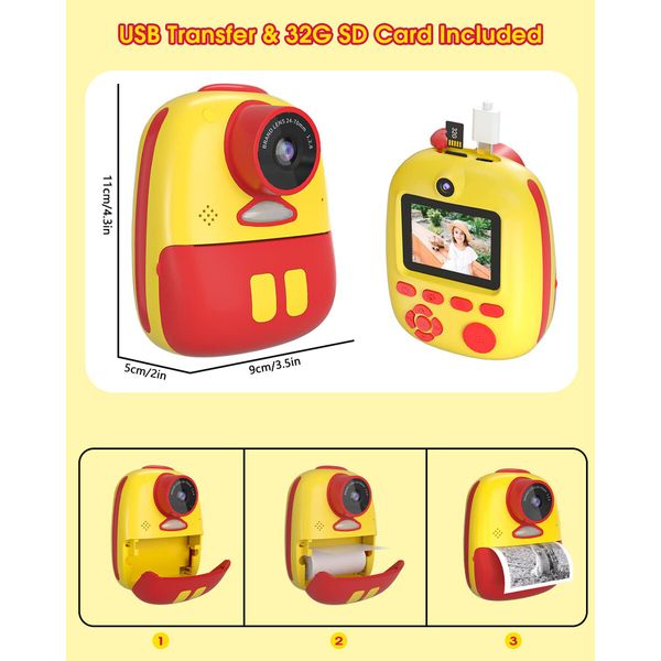 Instant Camera for Kids,Kids Print,Best Digital Toys Gifts Age3+ Boys Girls,26MP Video with Print Paper,32GB SD Card (Yellow)