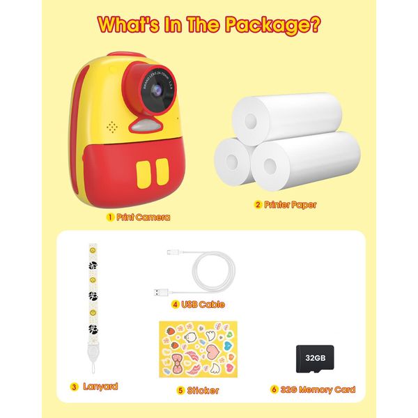 Instant Camera for Kids,Kids Print,Best Digital Toys Gifts Age3+ Boys Girls,26MP Video with Print Paper,32GB SD Card (Yellow)