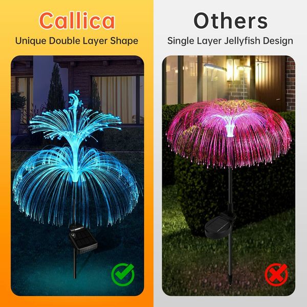 3pcs Solar Garden Lights Outdoor Decorative Waterproof Changing Flower Double-Layer Jellyfish Solar Yard Lights, Outside 7 Color Changing Decoration Fiber Light for Landscape Pathway Patio