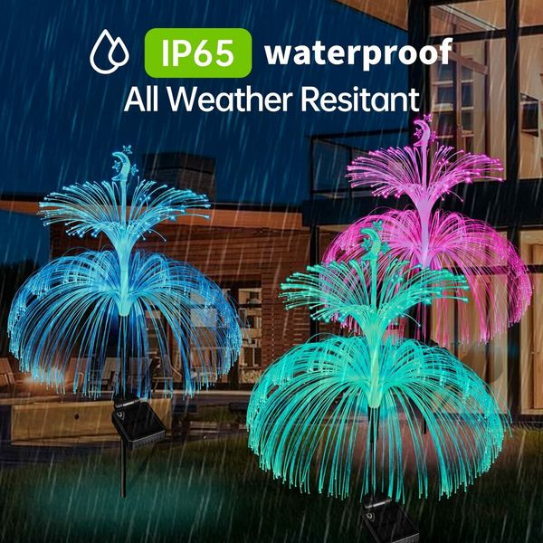 3pcs Solar Garden Lights Outdoor Decorative Waterproof Changing Flower Double-Layer Jellyfish Solar Yard Lights, Outside 7 Color Changing Decoration Fiber Light for Landscape Pathway Patio