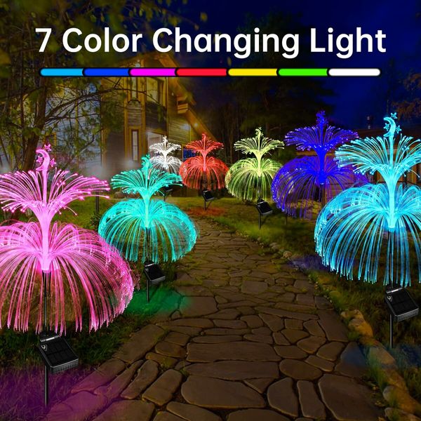 3pcs Solar Garden Lights Outdoor Decorative Waterproof Changing Flower Double-Layer Jellyfish Solar Yard Lights, Outside 7 Color Changing Decoration Fiber Light for Landscape Pathway Patio