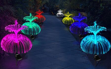 3pcs Solar Garden Lights Outdoor Decorative Waterproof Changing Flower Double-Layer Jellyfish Solar Yard Lights, Outside 7 Color Changing Decoration Fiber Light for Landscape Pathway Patio