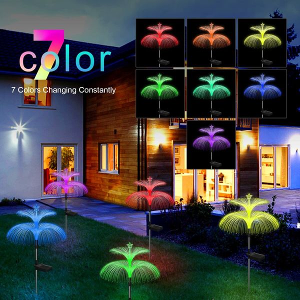 3pcs Solar Garden Lights Outdoor Decorative Waterproof Changing Flower Double-Layer Jellyfish Solar Yard Lights, Outside 7 Color Changing Decoration Fiber Light for Landscape Pathway Patio