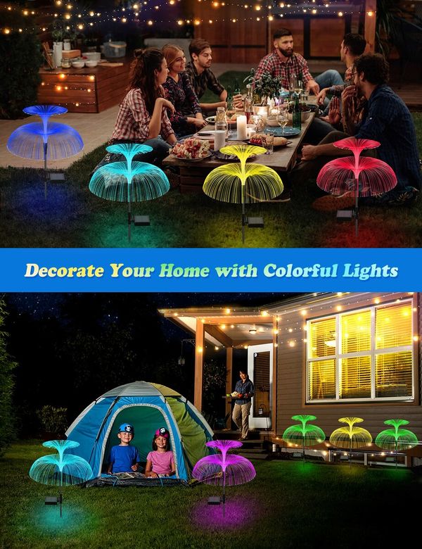 3pcs Solar Garden Lights Outdoor Decorative Waterproof Changing Flower Double-Layer Jellyfish Solar Yard Lights, Outside 7 Color Changing Decoration Fiber Light for Landscape Pathway Patio