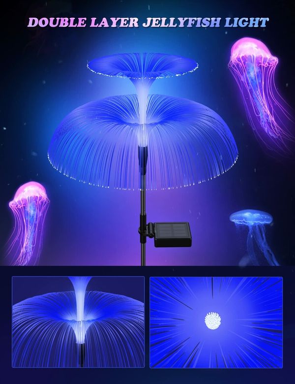 3pcs Solar Garden Lights Outdoor Decorative Waterproof Changing Flower Double-Layer Jellyfish Solar Yard Lights, Outside 7 Color Changing Decoration Fiber Light for Landscape Pathway Patio