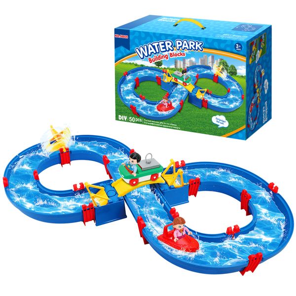 Water Way Toys 50 PCS DIY Play Table Building Blocks Aquaplay Park Canal Set Pool Summer Outdoor Beach Activity Kids