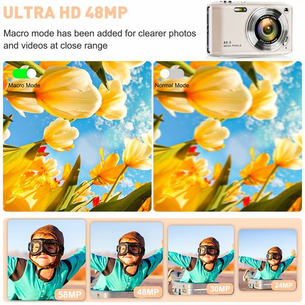 48MP Point and Shoot Digital Camera with Macro Mode,1080P HD Compact Digital Camera with Flash 16x Zoom Anti Shake 2.88 inch IPS Screen Small Digital Camera 32GB SD Card for Teens Kids Seniors (Gold)