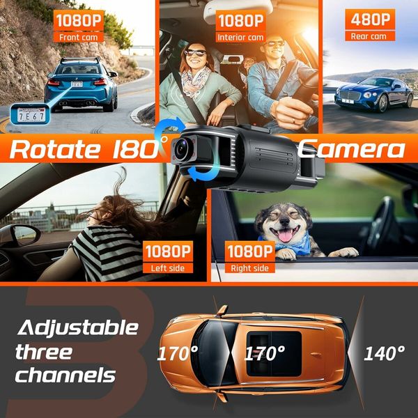 Dash Cam Front and Rear Inside 3 Channel 1080P, Adjustable Lens Dash Camera for Cars with 8 IR Lamps Night Vision