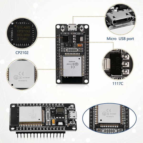 ESP WROOM 32 ESP32 Development Board 2.4GHz WiFi Dual Cores Microcontroller Integrated with Antenna RF Low Noise Amplifiers Filters 2PCS