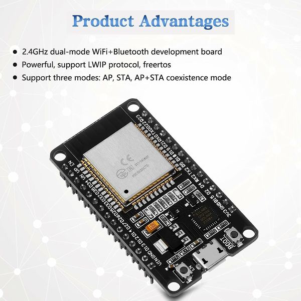 ESP WROOM 32 ESP32 Development Board 2.4GHz WiFi Dual Cores Microcontroller Integrated with Antenna RF Low Noise Amplifiers Filters 2PCS