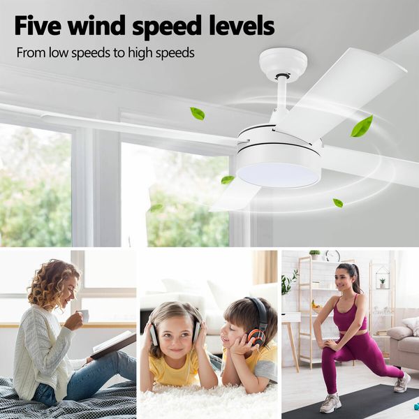 Ceiling Overhead Fan with Light Remote Control Cooling Electric Air Ventilation Quiet Modern Indoor LED White 5 Speed 4 Plywood Blades Timer 132cm