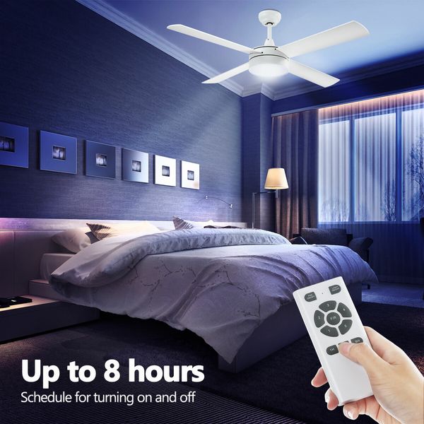 Ceiling Overhead Fan with Light Remote Control Cooling Electric Air Ventilation Quiet Modern Indoor LED White 5 Speed 4 Plywood Blades Timer 132cm