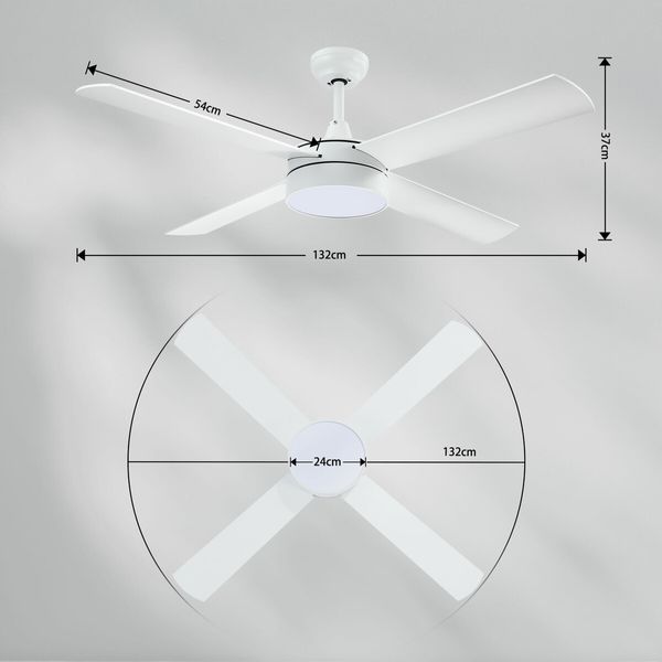 Ceiling Overhead Fan with Light Remote Control Cooling Electric Air Ventilation Quiet Modern Indoor LED White 5 Speed 4 Plywood Blades Timer 132cm