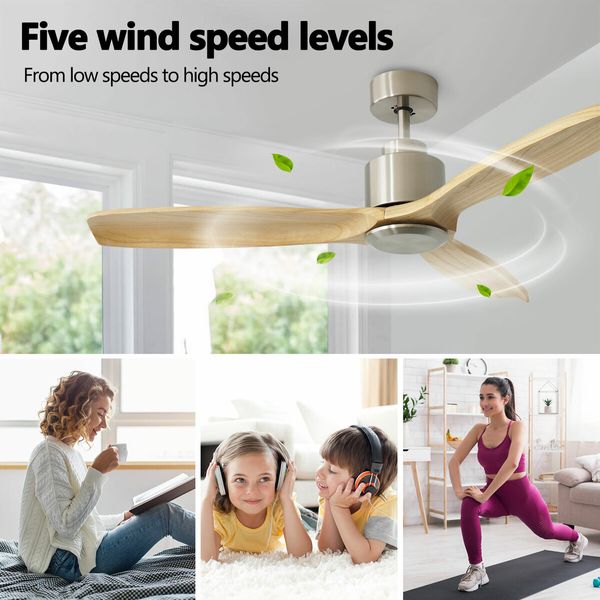 Ceiling Fan with Remote Control Electric Cooling Air Ventilation Overhead Quiet Modern Indoor 3 Solid Wood Blades 5 Speed Timer 132cm