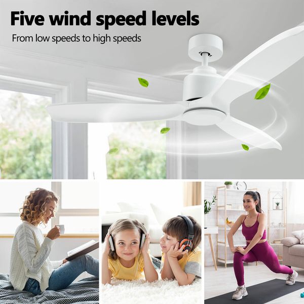 Ceiling Fan with Remote Control Cooling Electric Air Ventilation Quiet White Modern Indoor Overhead 3 Solid Wood Blades 5 Speed Timer 132cm