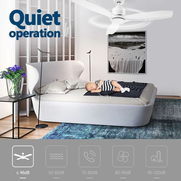 Ceiling Fan with Remote Control Cooling Electric Air Ventilation Quiet White Modern Indoor Overhead 3 Solid Wood Blades 5 Speed Timer 132cm