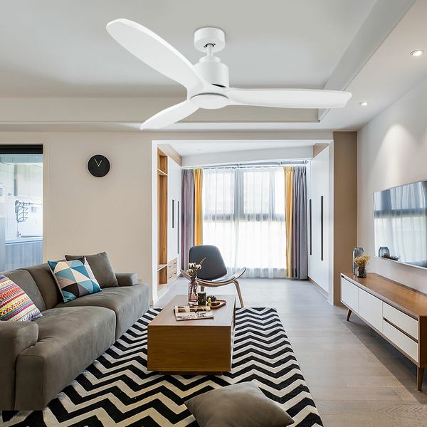 Ceiling Fan with Remote Control Cooling Electric Air Ventilation Quiet White Modern Indoor Overhead 3 Solid Wood Blades 5 Speed Timer 132cm