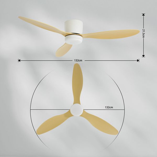 Ceiling Fan with Light Overhead Cooling Remote Control Electric Air Ventilation Quiet Modern Indoor LED Lamp 3 ABS Blades 5 Speed Timer 132cm