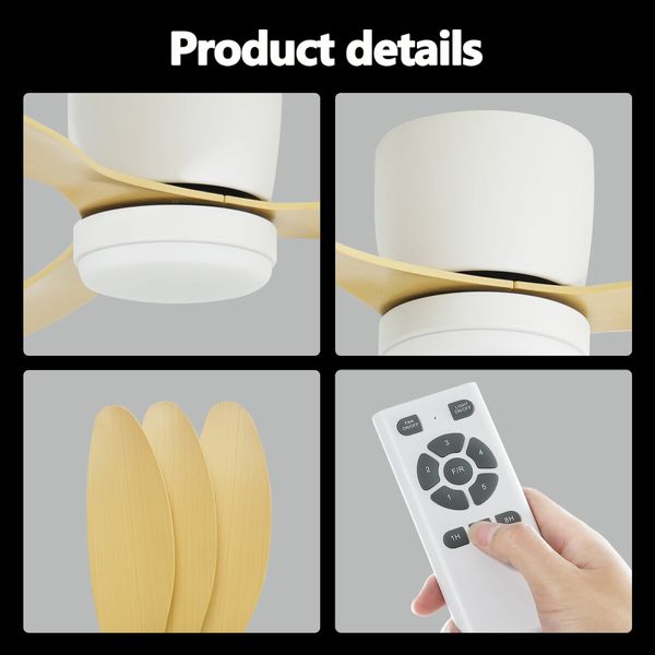 Ceiling Fan with Light Overhead Cooling Remote Control Electric Air Ventilation Quiet Modern Indoor LED Lamp 3 ABS Blades 5 Speed Timer 132cm