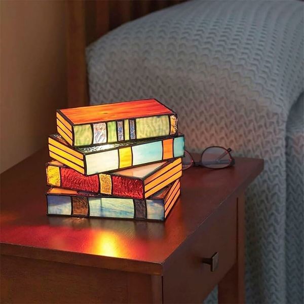 Stained Glass Stacked Books Lamp, Reading Nook Lighting Vintage Table Lamp for Bedroom