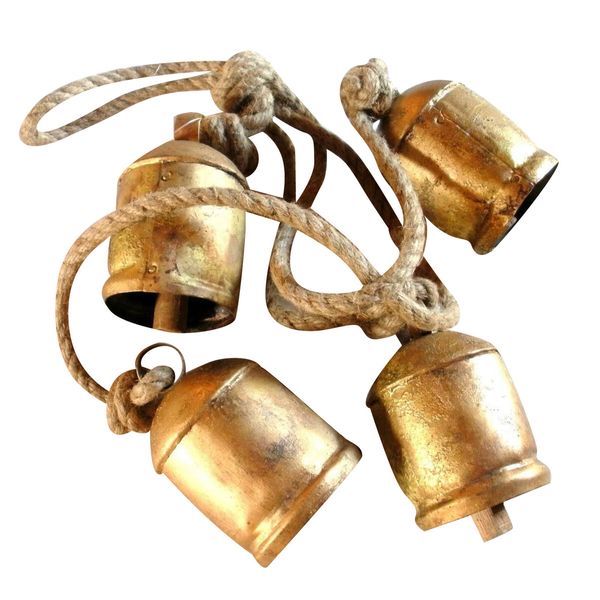 Handicrafts Shabby Chic Country Style Rustic Metal Hanging Giant Cow Bells, 76 cm Length, Antique Gold, 4 Count
