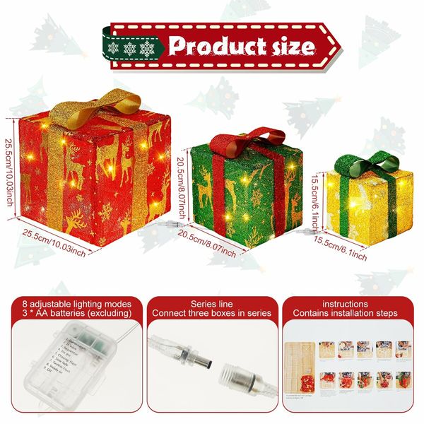 Set of 3 Lighted Gift  Boxes Christmas Decorations 60 LED Red Green and Blue Stripe Pre-lit Present Boxes, Christmas Home Gift Box Decorations